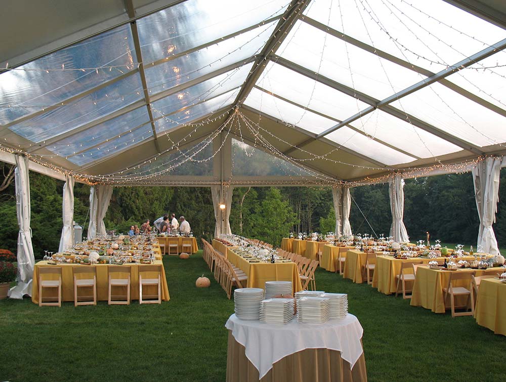 clearspan frame tent set up for a fall wedding